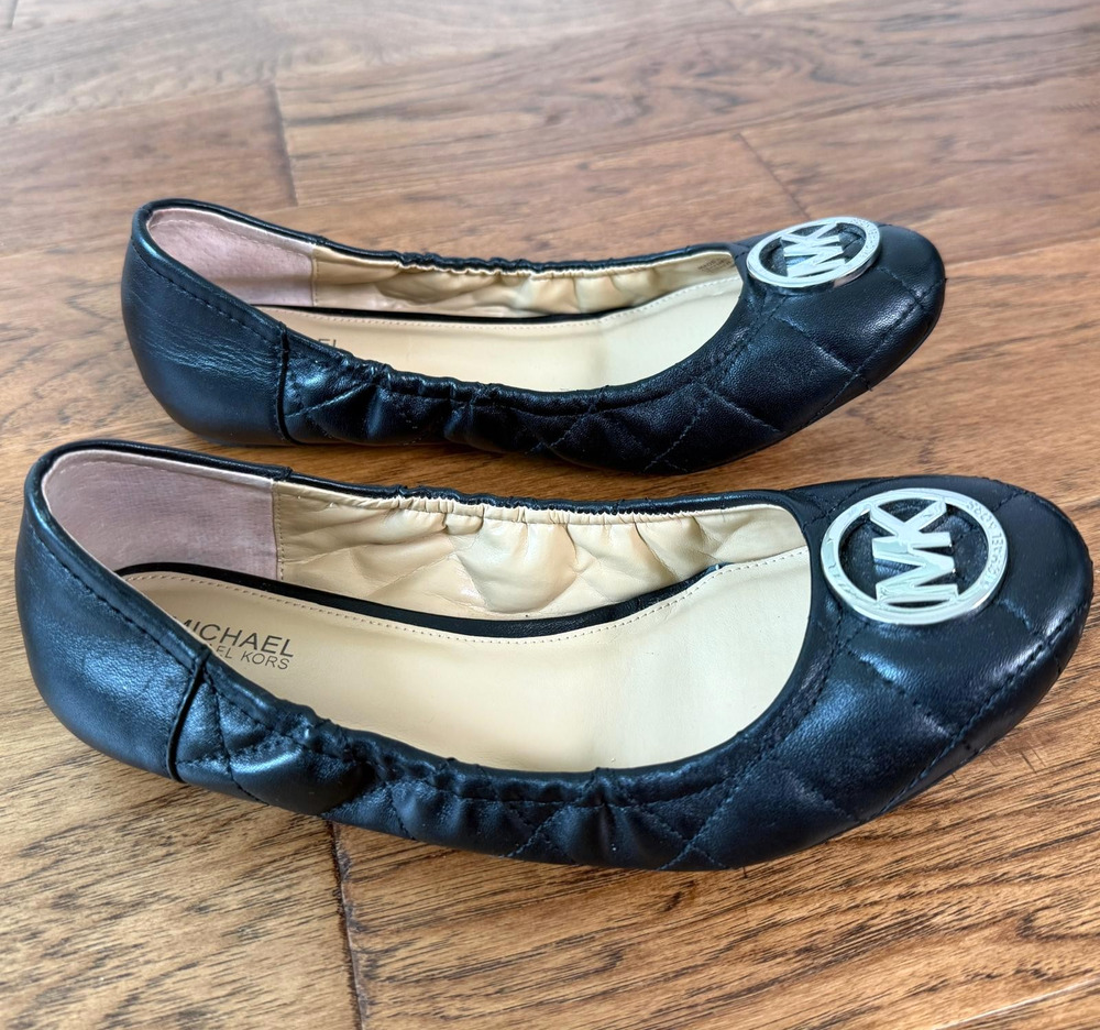 Michael Kors Fulton Quilted Ballet Flats Black Leather Silver MK Logo 8.5M